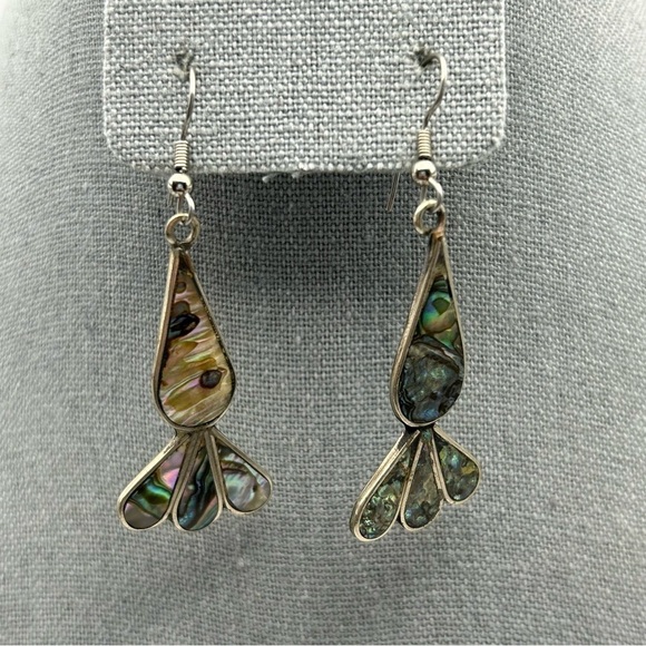 Vintage Alpaca Mexico Genuine Abalone Shell Carrot Design Dangle Pierced Earring - Picture 10 of 11
